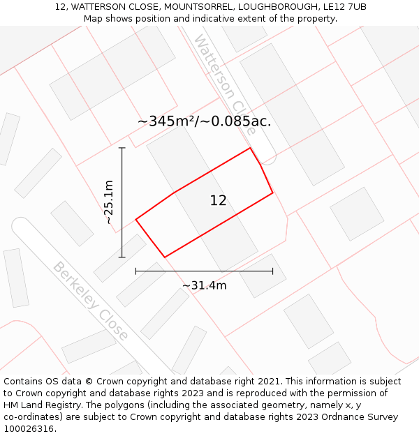 12, WATTERSON CLOSE, MOUNTSORREL, LOUGHBOROUGH, LE12 7UB: Plot and title map