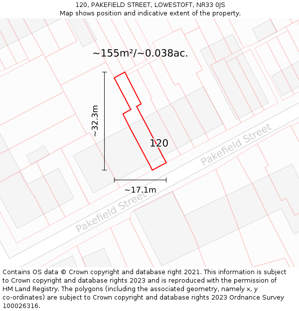 120, PAKEFIELD STREET, LOWESTOFT, NR33 0JS: Plot and title map