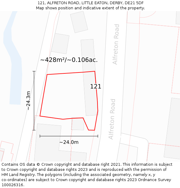 121, ALFRETON ROAD, LITTLE EATON, DERBY, DE21 5DF: Plot and title map