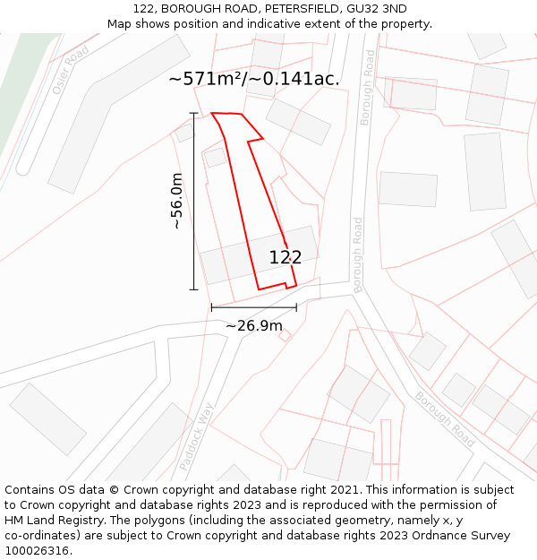 122, BOROUGH ROAD, PETERSFIELD, GU32 3ND: Plot and title map