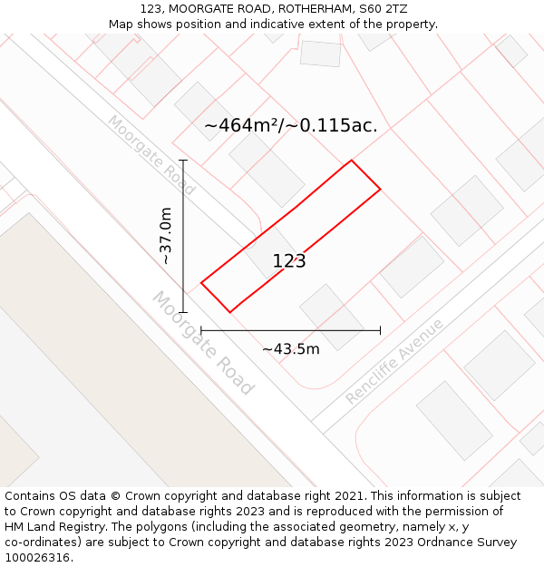 123, MOORGATE ROAD, ROTHERHAM, S60 2TZ: Plot and title map