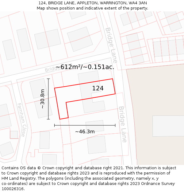 124, BRIDGE LANE, APPLETON, WARRINGTON, WA4 3AN: Plot and title map