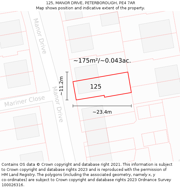 125, MANOR DRIVE, PETERBOROUGH, PE4 7AR: Plot and title map