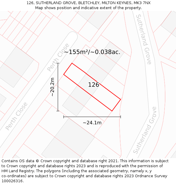 126, SUTHERLAND GROVE, BLETCHLEY, MILTON KEYNES, MK3 7NX: Plot and title map