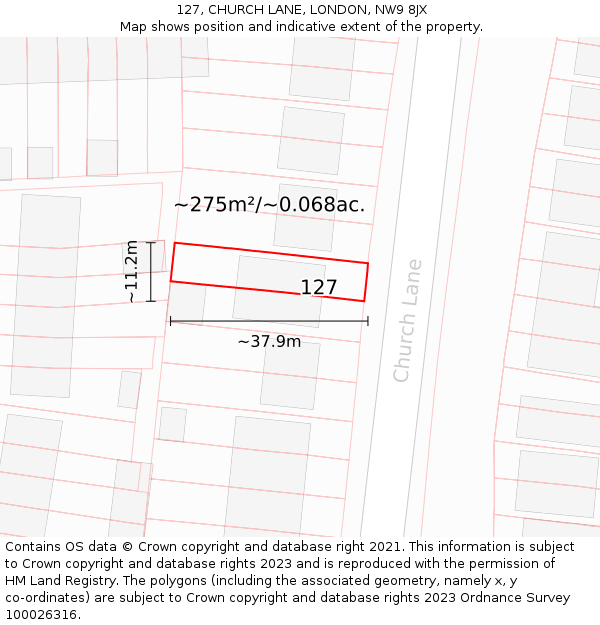 127, CHURCH LANE, LONDON, NW9 8JX: Plot and title map