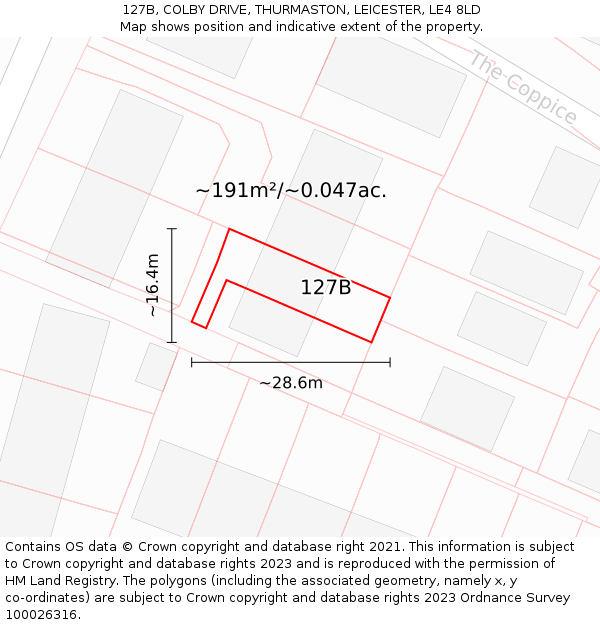 127B, COLBY DRIVE, THURMASTON, LEICESTER, LE4 8LD: Plot and title map