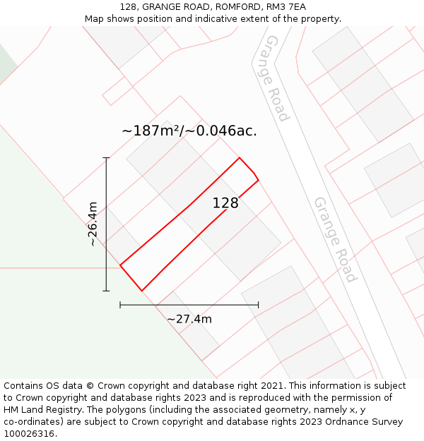 128, GRANGE ROAD, ROMFORD, RM3 7EA: Plot and title map