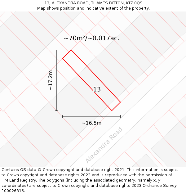 13, ALEXANDRA ROAD, THAMES DITTON, KT7 0QS: Plot and title map