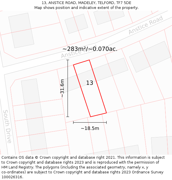 13, ANSTICE ROAD, MADELEY, TELFORD, TF7 5DE: Plot and title map