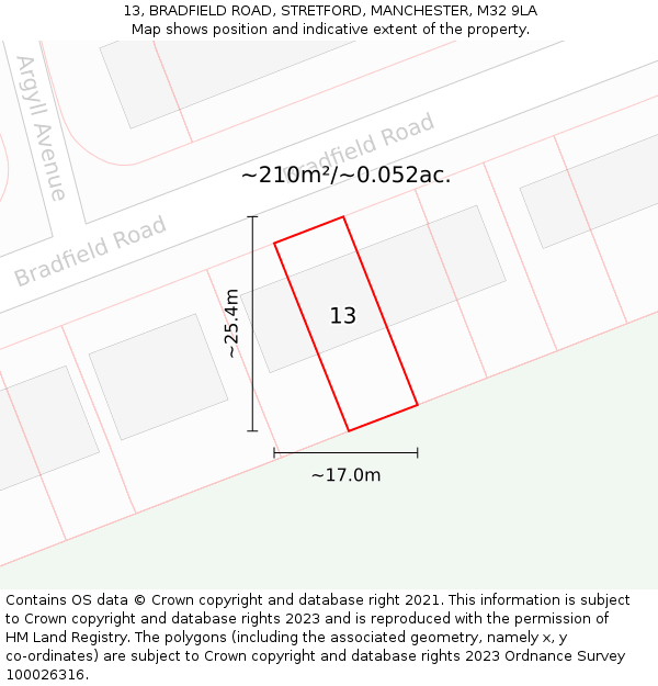 13, BRADFIELD ROAD, STRETFORD, MANCHESTER, M32 9LA: Plot and title map