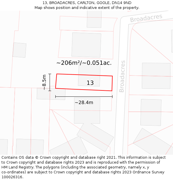 13, BROADACRES, CARLTON, GOOLE, DN14 9ND: Plot and title map