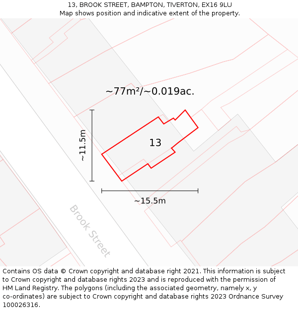 13, BROOK STREET, BAMPTON, TIVERTON, EX16 9LU: Plot and title map