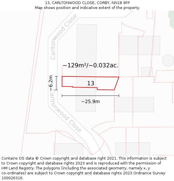 13, CARLTONWOOD CLOSE, CORBY, NN18 9FP: Plot and title map