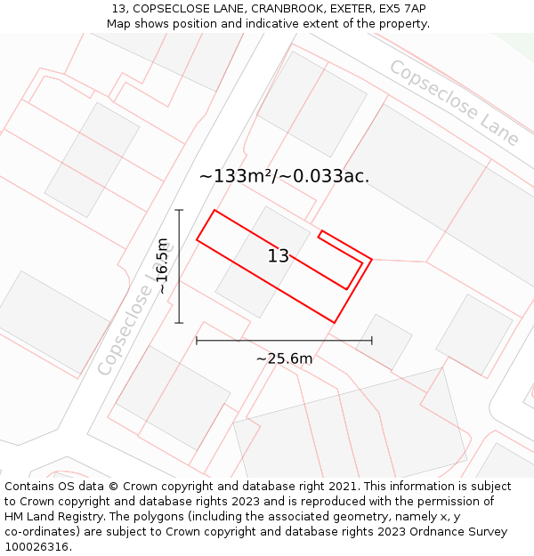 13, COPSECLOSE LANE, CRANBROOK, EXETER, EX5 7AP: Plot and title map