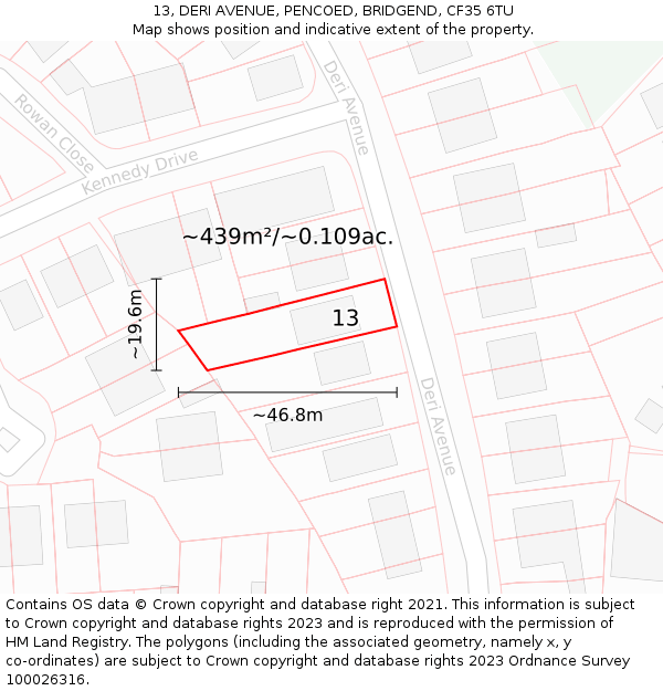 13, DERI AVENUE, PENCOED, BRIDGEND, CF35 6TU: Plot and title map