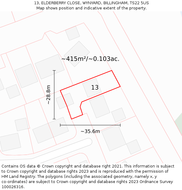13, ELDERBERRY CLOSE, WYNYARD, BILLINGHAM, TS22 5US: Plot and title map