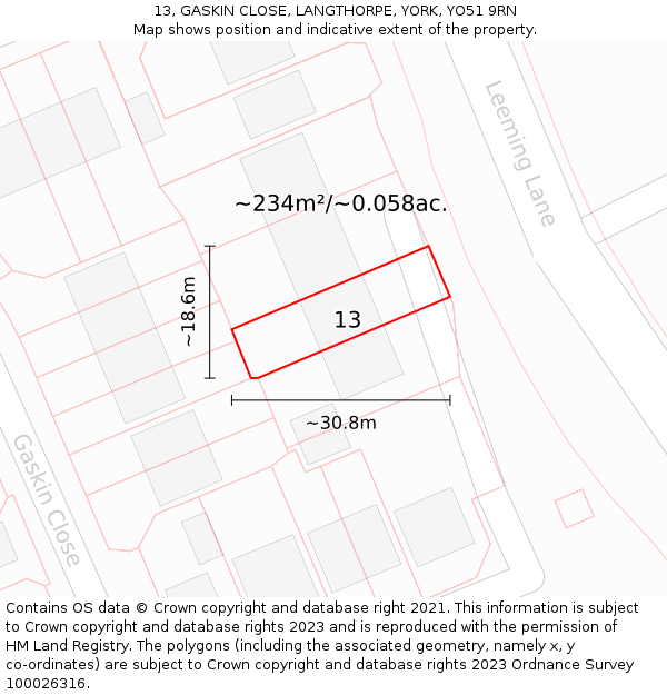 13, GASKIN CLOSE, LANGTHORPE, YORK, YO51 9RN: Plot and title map
