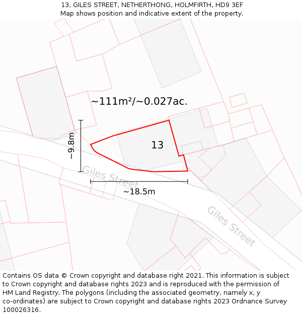 13, GILES STREET, NETHERTHONG, HOLMFIRTH, HD9 3EF: Plot and title map