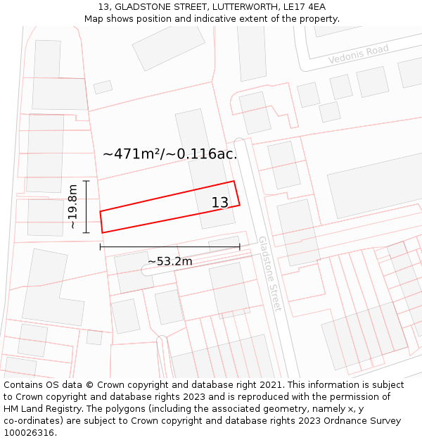13, GLADSTONE STREET, LUTTERWORTH, LE17 4EA: Plot and title map