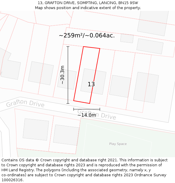 13, GRAFTON DRIVE, SOMPTING, LANCING, BN15 9SW: Plot and title map