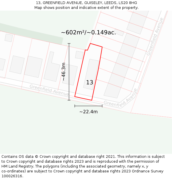 13, GREENFIELD AVENUE, GUISELEY, LEEDS, LS20 8HG: Plot and title map