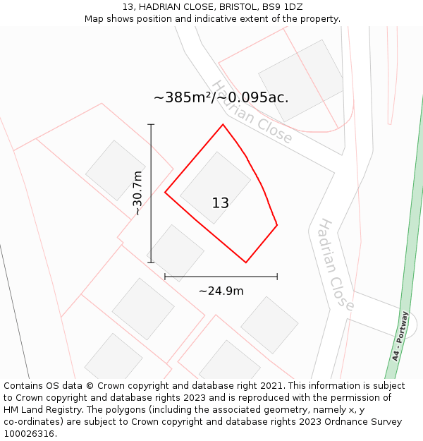 13, HADRIAN CLOSE, BRISTOL, BS9 1DZ: Plot and title map