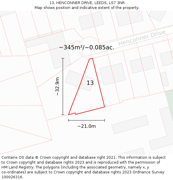 13, HENCONNER DRIVE, LEEDS, LS7 3NR: Plot and title map