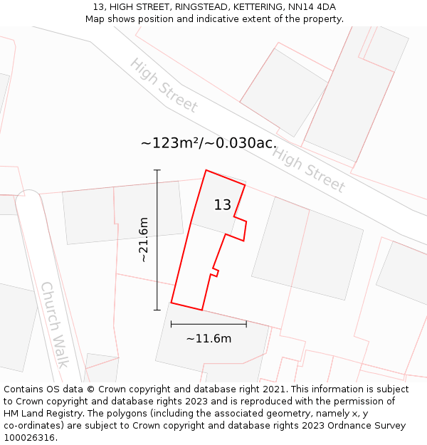 13, HIGH STREET, RINGSTEAD, KETTERING, NN14 4DA: Plot and title map