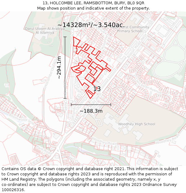 13, HOLCOMBE LEE, RAMSBOTTOM, BURY, BL0 9QR: Plot and title map