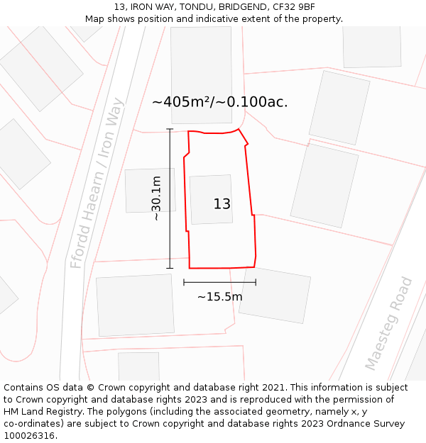 13, IRON WAY, TONDU, BRIDGEND, CF32 9BF: Plot and title map