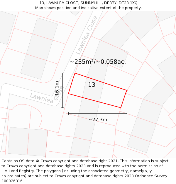 13, LAWNLEA CLOSE, SUNNYHILL, DERBY, DE23 1XQ: Plot and title map