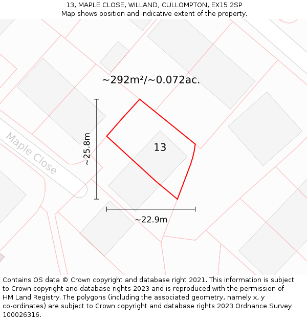 13, MAPLE CLOSE, WILLAND, CULLOMPTON, EX15 2SP: Plot and title map