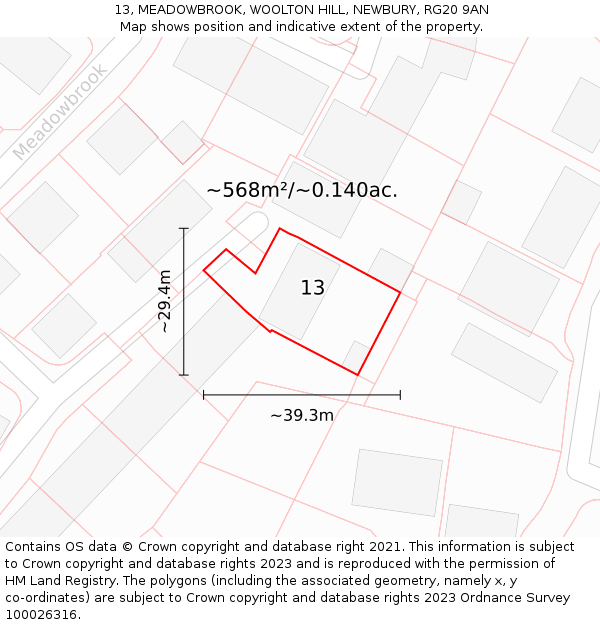 13, MEADOWBROOK, WOOLTON HILL, NEWBURY, RG20 9AN: Plot and title map