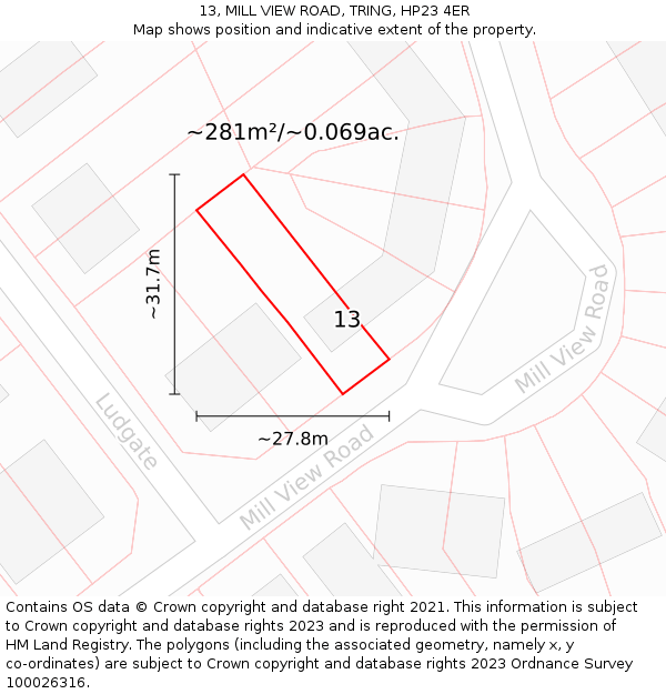 13, MILL VIEW ROAD, TRING, HP23 4ER: Plot and title map