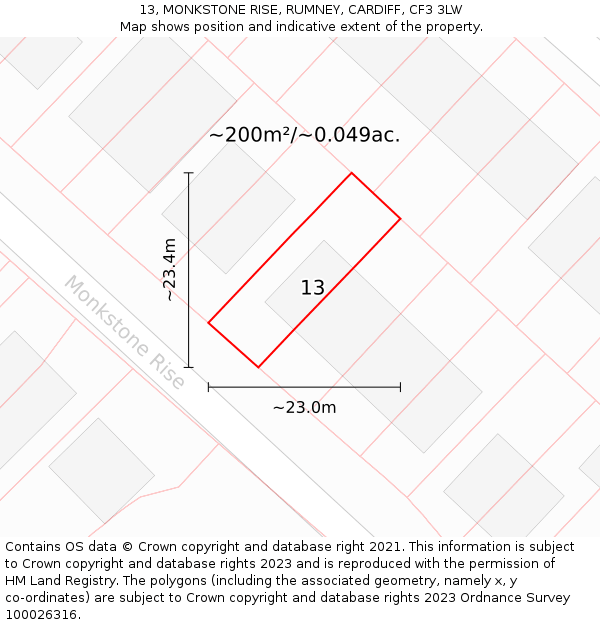13, MONKSTONE RISE, RUMNEY, CARDIFF, CF3 3LW: Plot and title map