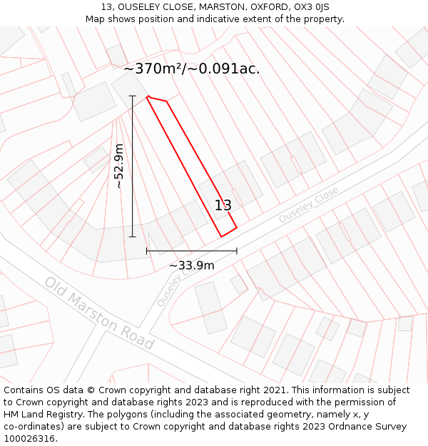13, OUSELEY CLOSE, MARSTON, OXFORD, OX3 0JS: Plot and title map