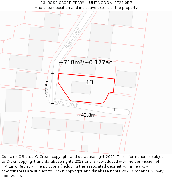 13, ROSE CROFT, PERRY, HUNTINGDON, PE28 0BZ: Plot and title map