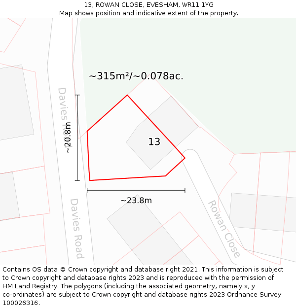 13, ROWAN CLOSE, EVESHAM, WR11 1YG: Plot and title map