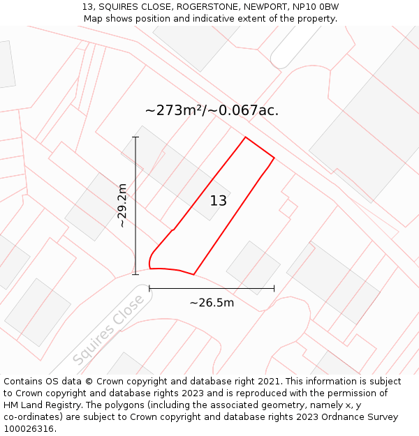 13, SQUIRES CLOSE, ROGERSTONE, NEWPORT, NP10 0BW: Plot and title map