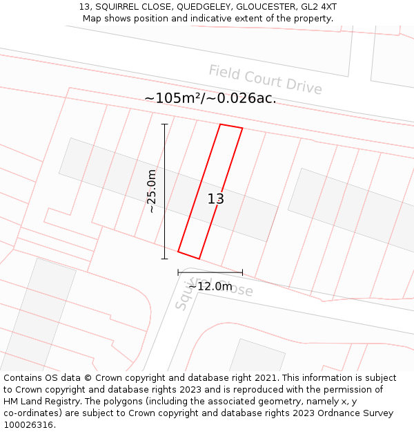 13, SQUIRREL CLOSE, QUEDGELEY, GLOUCESTER, GL2 4XT: Plot and title map