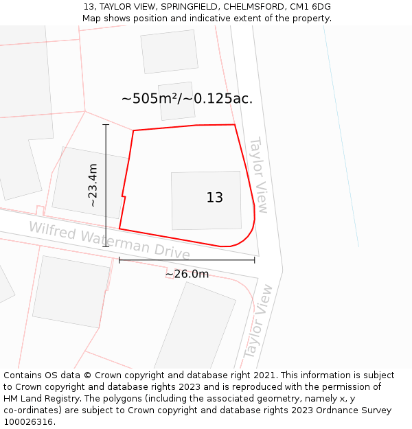 13, TAYLOR VIEW, SPRINGFIELD, CHELMSFORD, CM1 6DG: Plot and title map