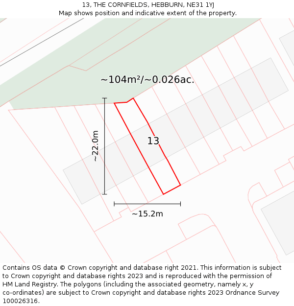 13, THE CORNFIELDS, HEBBURN, NE31 1YJ: Plot and title map