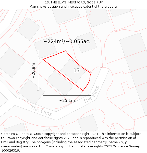 13, THE ELMS, HERTFORD, SG13 7UY: Plot and title map