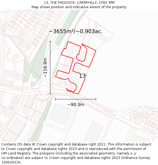 13, THE PADDOCK, CAERPHILLY, CF83 3RR: Plot and title map