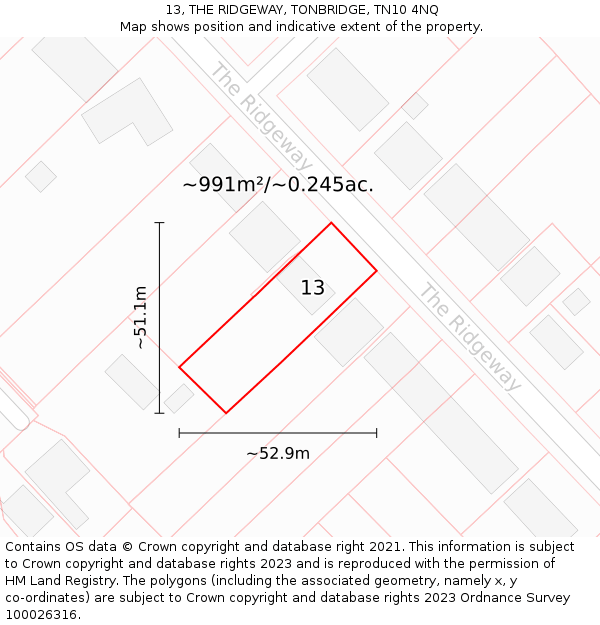 13, THE RIDGEWAY, TONBRIDGE, TN10 4NQ: Plot and title map