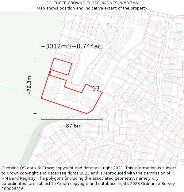 13, THREE CROWNS CLOSE, WIDNES, WA8 7AA: Plot and title map