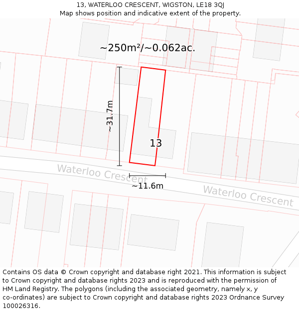 13, WATERLOO CRESCENT, WIGSTON, LE18 3QJ: Plot and title map