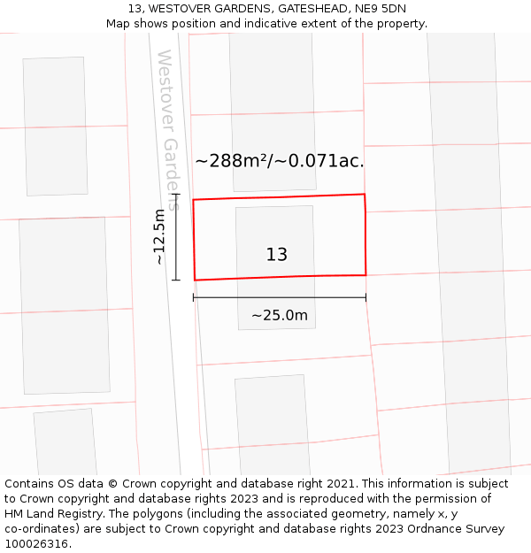 13, WESTOVER GARDENS, GATESHEAD, NE9 5DN: Plot and title map