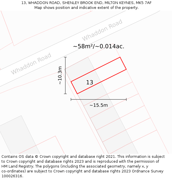 13, WHADDON ROAD, SHENLEY BROOK END, MILTON KEYNES, MK5 7AF: Plot and title map