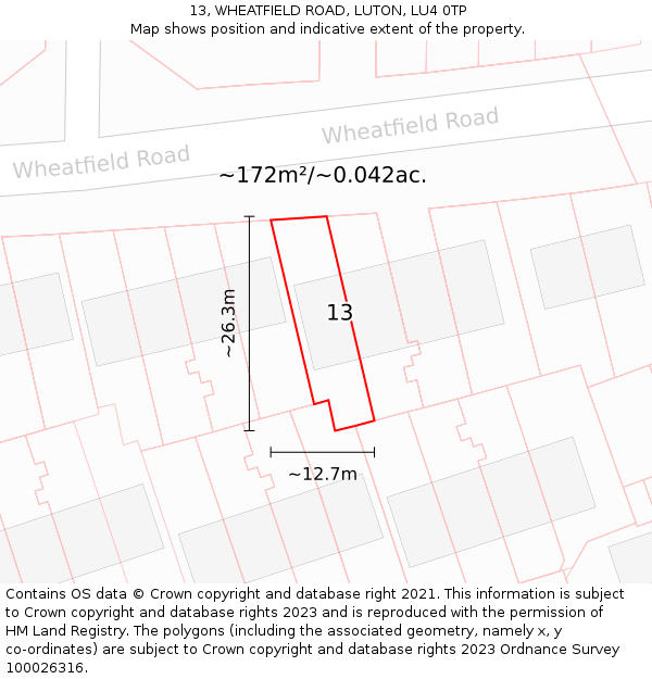 13, WHEATFIELD ROAD, LUTON, LU4 0TP: Plot and title map